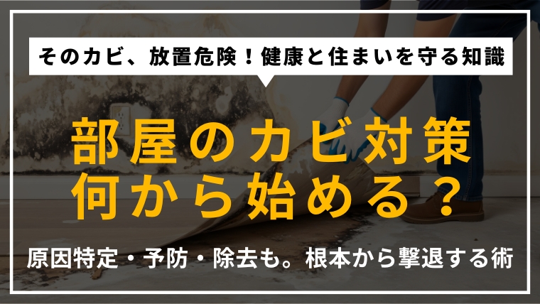 部屋のカビ対策の第一歩を解説するアイキャッチ画像。カビが発生する原因の特定から、効果的な予防法、正しい除去の手順までを網羅。