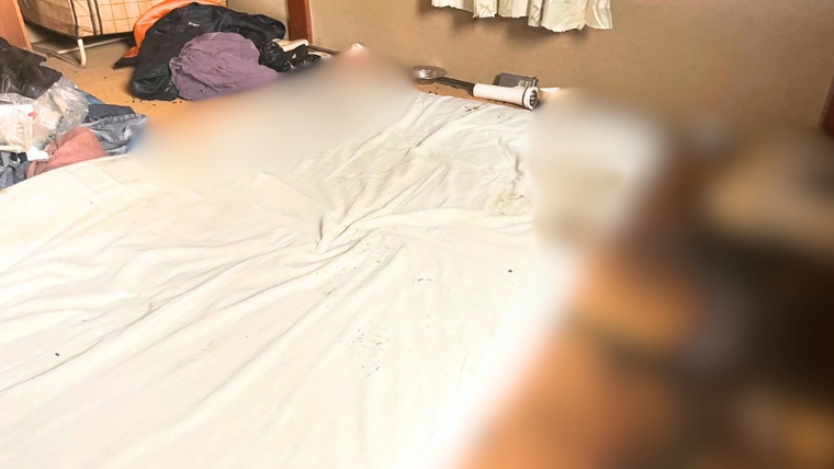 川崎市川崎区の孤独死現場｜布団にOPIMが浸透し衛生害虫が発生した施工前の室内状況